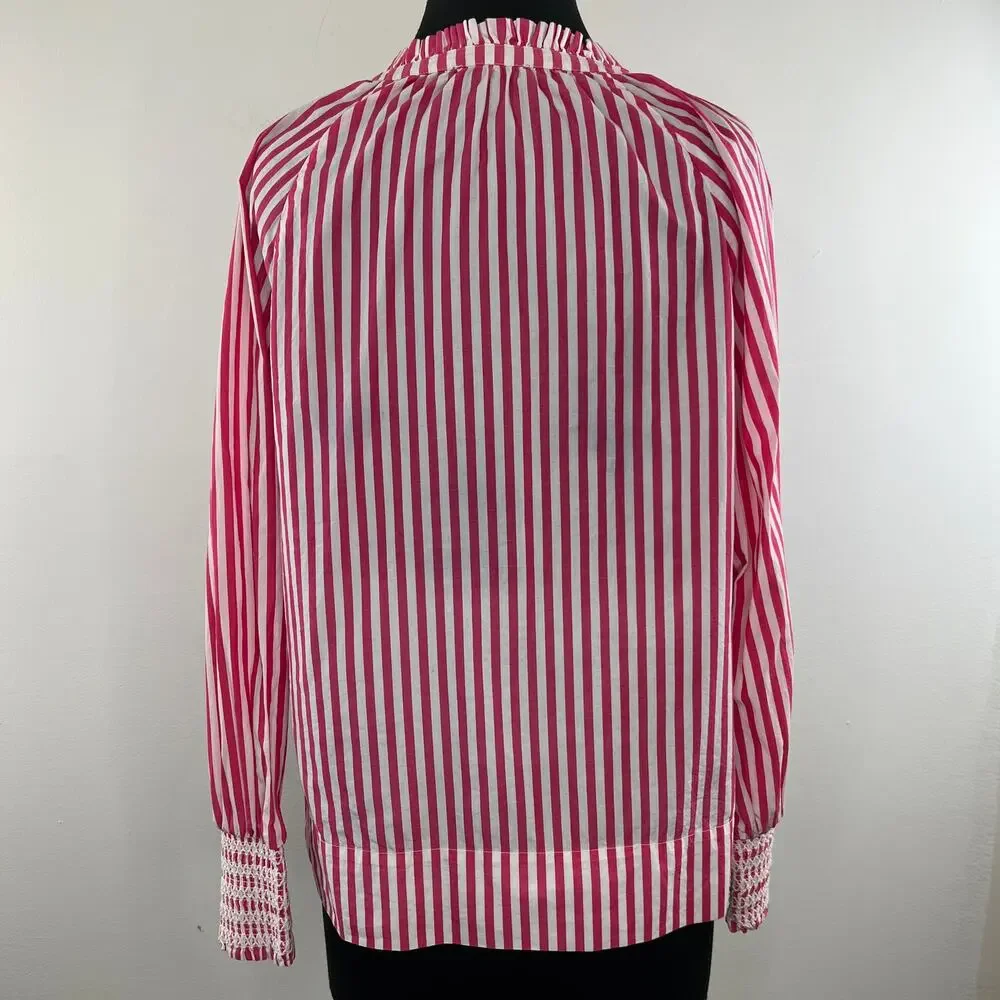 J. Crew Pink White Striped Cotton Smocked-Cuff Women's Popover Top Size S